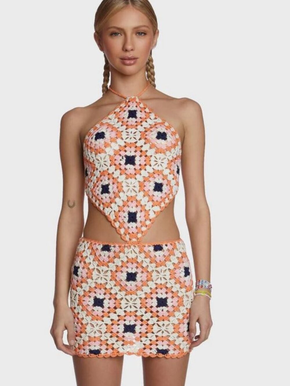 Crochet Halter Top and Skirt Set in Pink and White